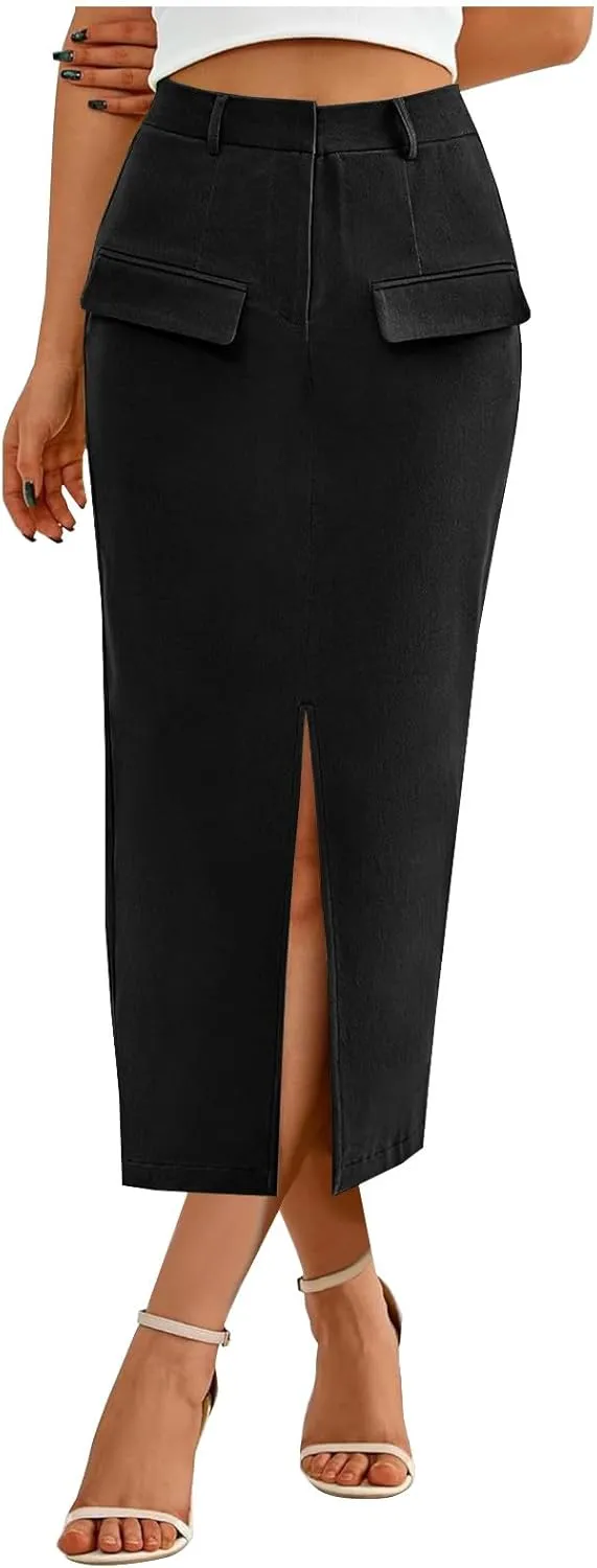 Women's Summer High Waist Split Warp A Line Dressy Long Skirts Trendy Business Work Pencil Midi Skirt with Pockets