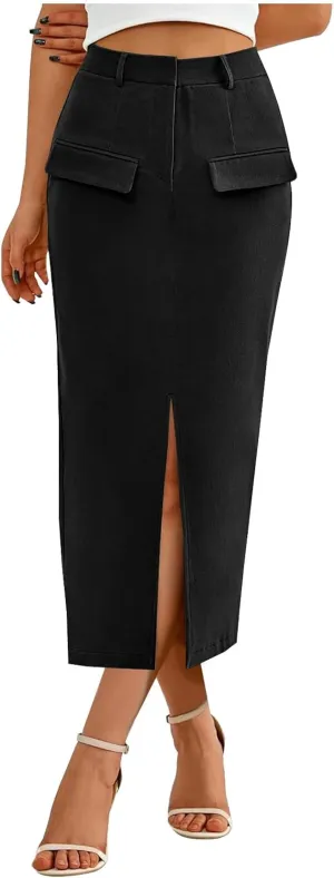 Women's Summer High Waist Split Warp A Line Dressy Long Skirts Trendy Business Work Pencil Midi Skirt with Pockets