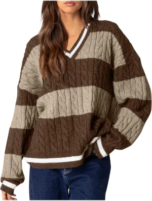 Women's Vintage Cable Knit Sweater Color Block V Neck Long Sleeve Pullover Tops Fall Casual Knit Jumper Sweatshirt