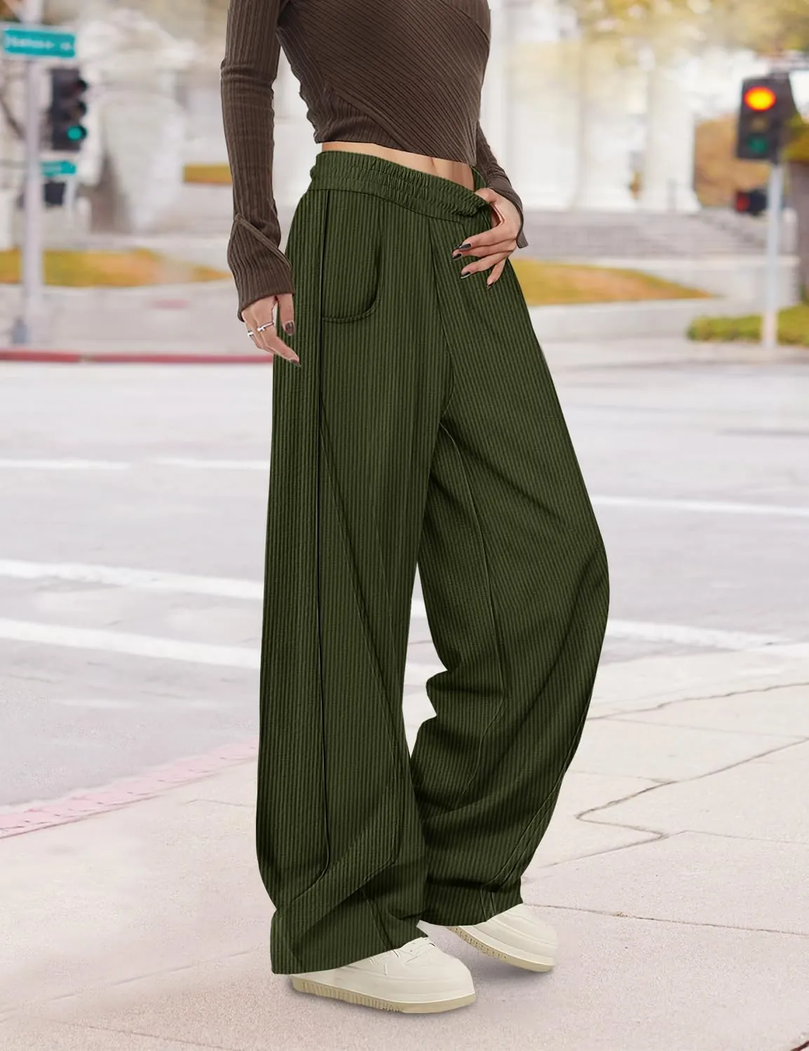 YESNO Women's Corduroy Casual Baggy Pants Elastic Waist Wide Leg Trousers with Pockets PCB