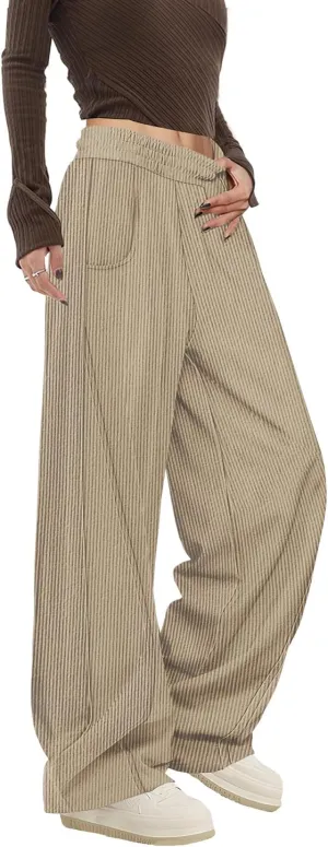 YESNO Women's Corduroy Casual Baggy Pants Elastic Waist Wide Leg Trousers with Pockets PCB