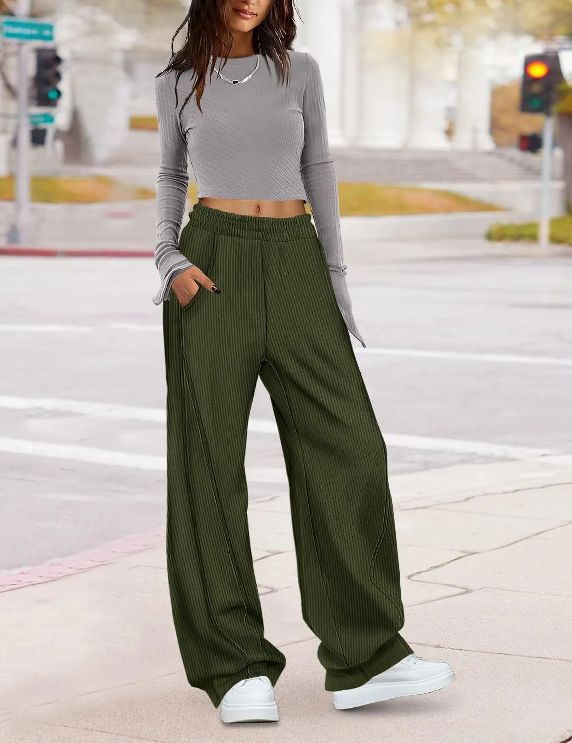 YESNO Women's Corduroy Casual Baggy Pants Elastic Waist Wide Leg Trousers with Pockets PCB