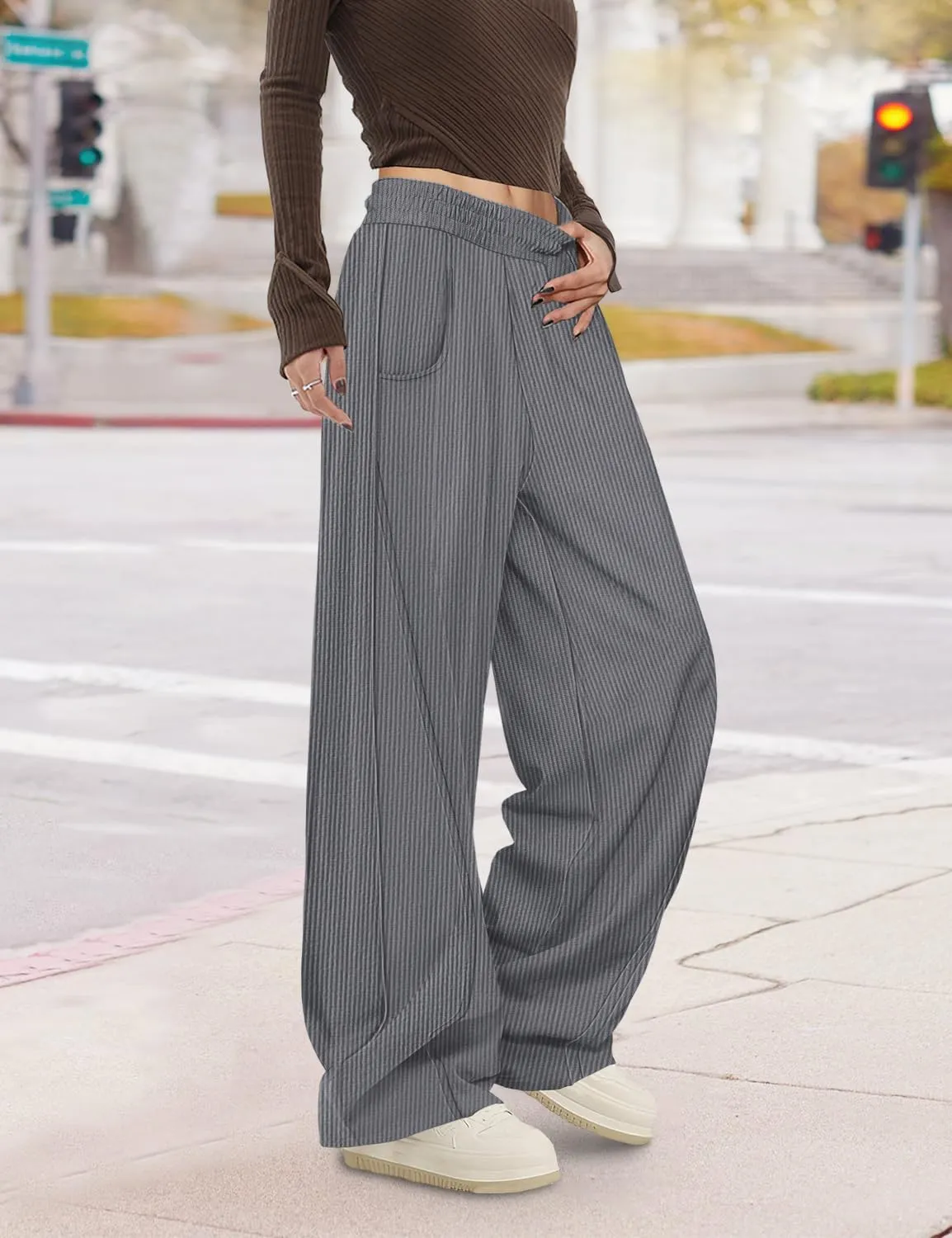 YESNO Women's Corduroy Casual Baggy Pants Elastic Waist Wide Leg Trousers with Pockets PCB