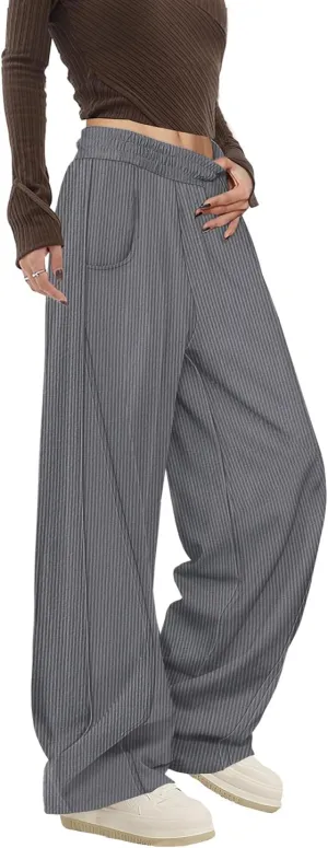 YESNO Women's Corduroy Casual Baggy Pants Elastic Waist Wide Leg Trousers with Pockets PCB