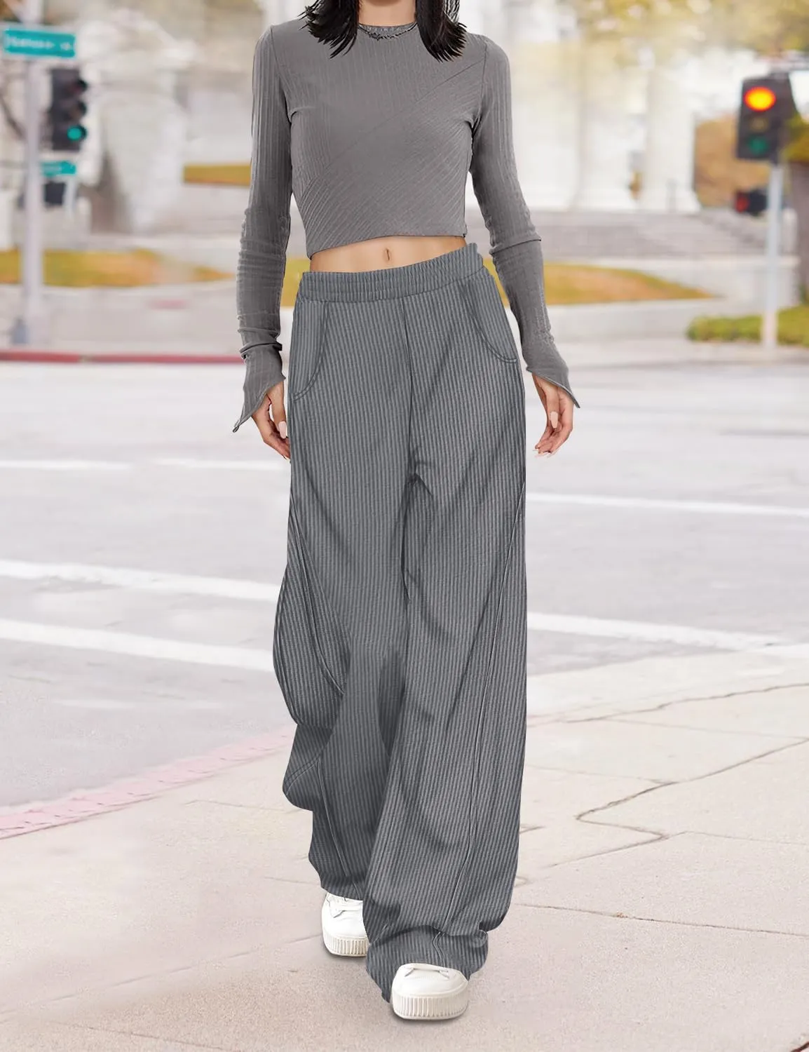 YESNO Women's Corduroy Casual Baggy Pants Elastic Waist Wide Leg Trousers with Pockets PCB