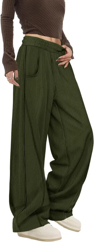 YESNO Women's Corduroy Casual Baggy Pants Elastic Waist Wide Leg Trousers with Pockets PCB
