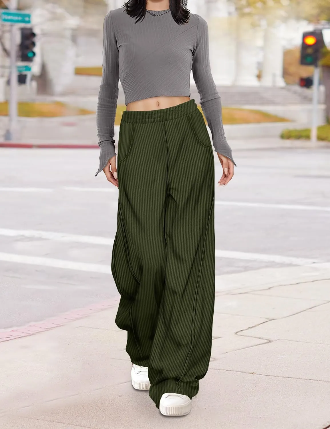 YESNO Women's Corduroy Casual Baggy Pants Elastic Waist Wide Leg Trousers with Pockets PCB