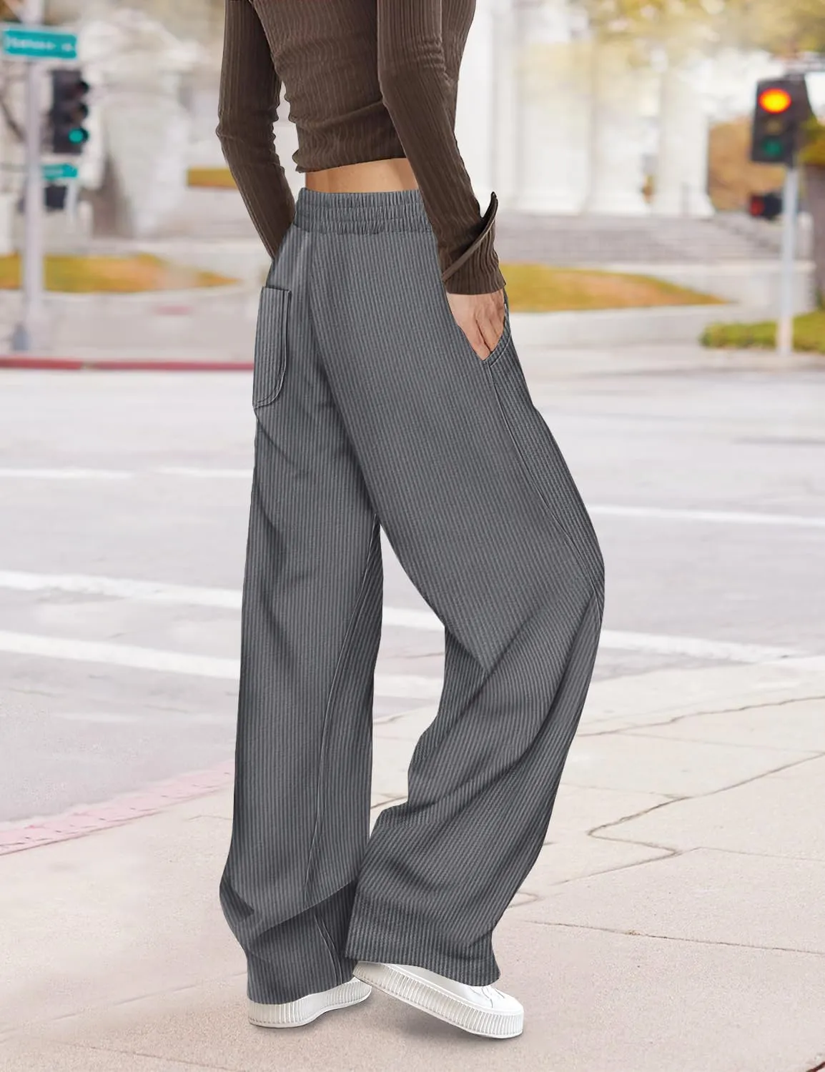 YESNO Women's Corduroy Casual Baggy Pants Elastic Waist Wide Leg Trousers with Pockets PCB