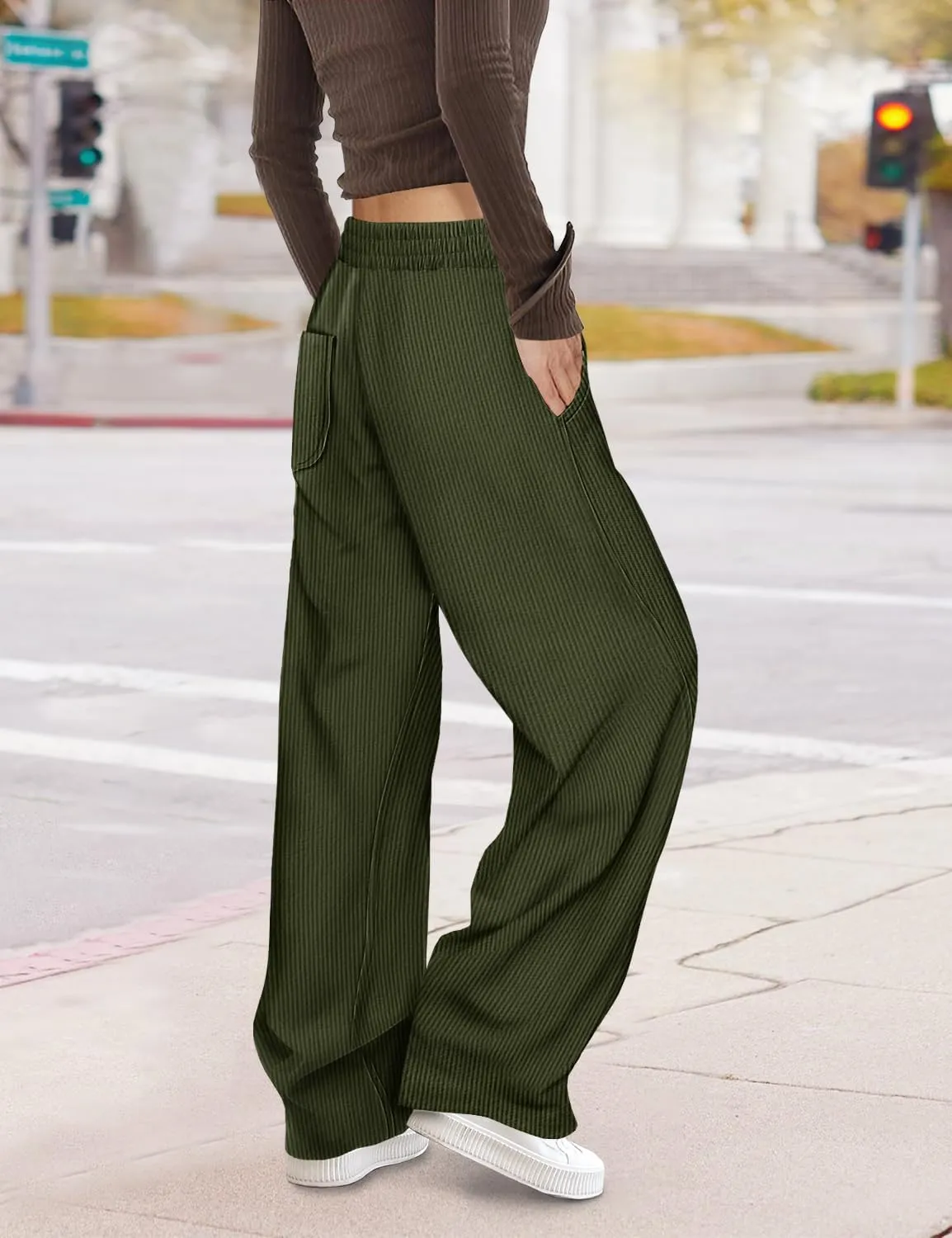 YESNO Women's Corduroy Casual Baggy Pants Elastic Waist Wide Leg Trousers with Pockets PCB