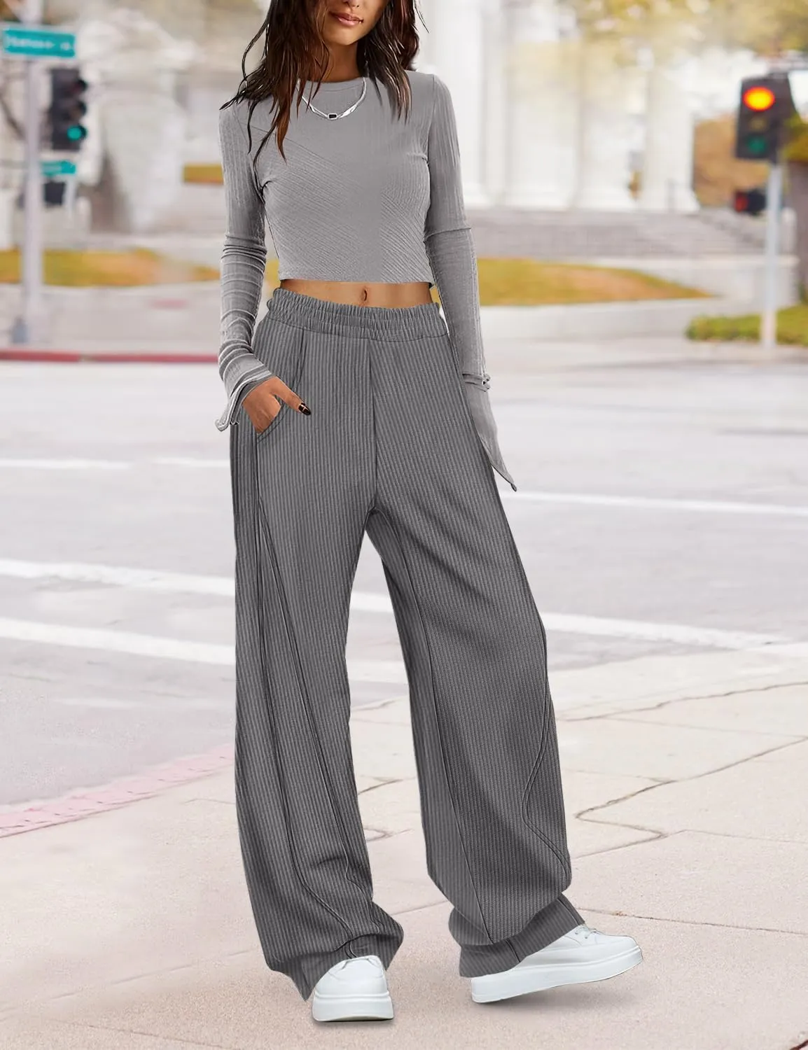 YESNO Women's Corduroy Casual Baggy Pants Elastic Waist Wide Leg Trousers with Pockets PCB