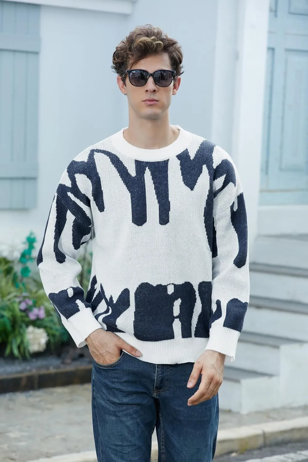 ZAFUL Men's Oversized Sweater Long Sleeve Crewneck Y2K Graphic Color Block Casual Knitted Pullover Sweater