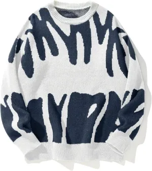 ZAFUL Men's Oversized Sweater Long Sleeve Crewneck Y2K Graphic Color Block Casual Knitted Pullover Sweater