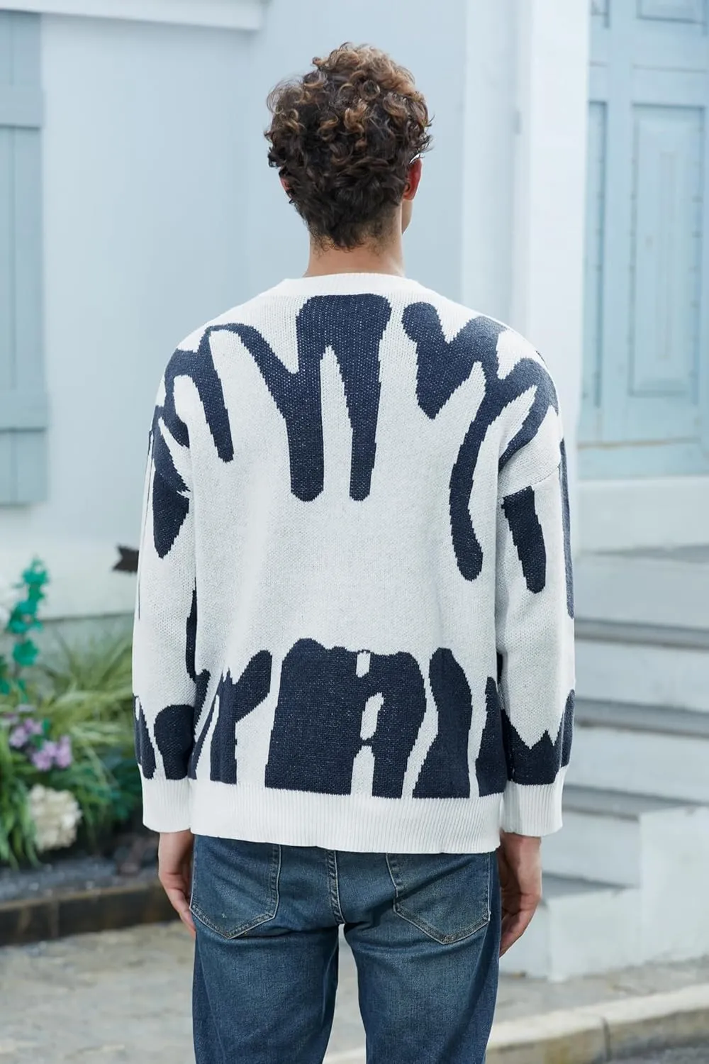 ZAFUL Men's Oversized Sweater Long Sleeve Crewneck Y2K Graphic Color Block Casual Knitted Pullover Sweater
