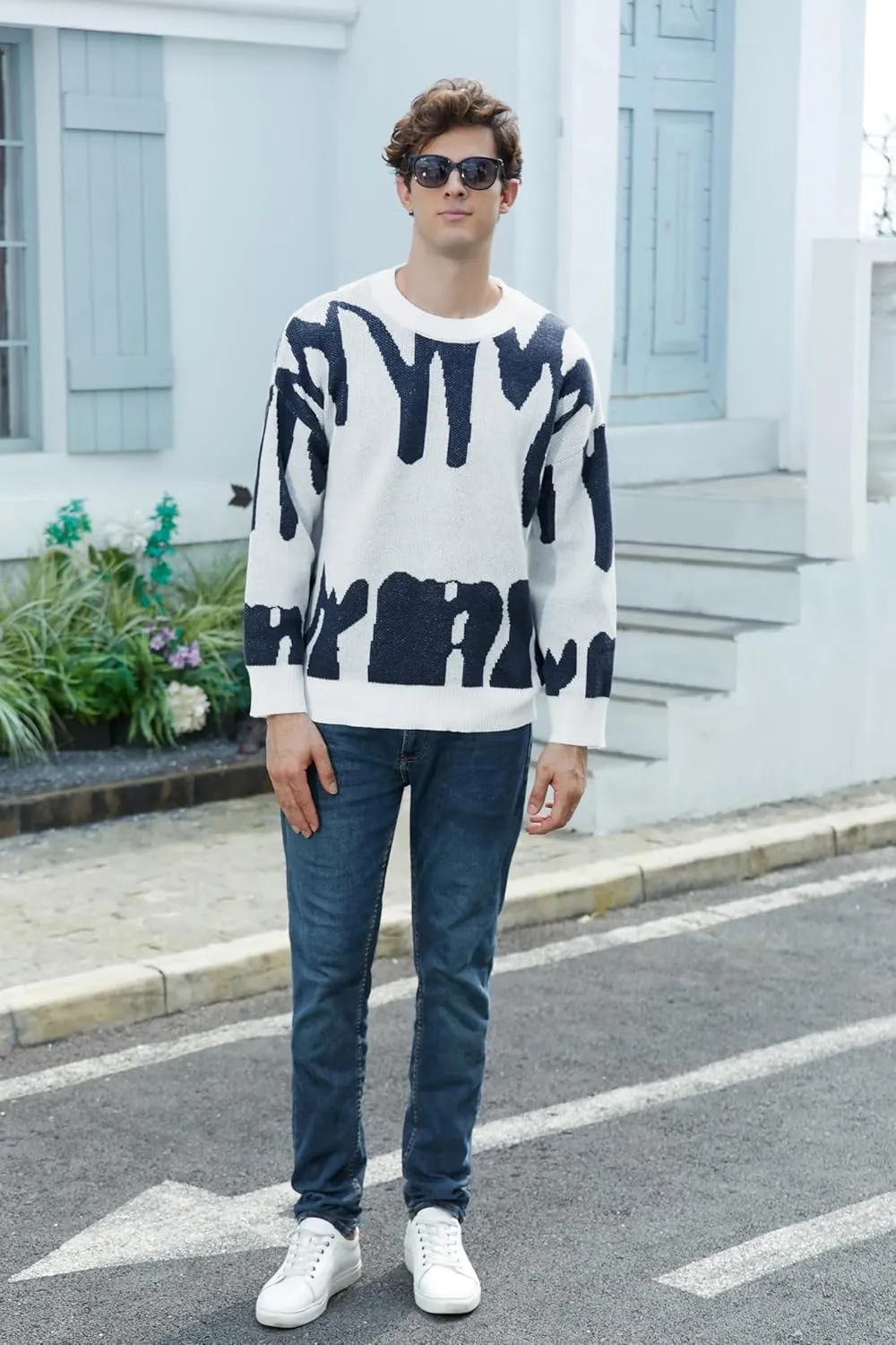 ZAFUL Men's Oversized Sweater Long Sleeve Crewneck Y2K Graphic Color Block Casual Knitted Pullover Sweater