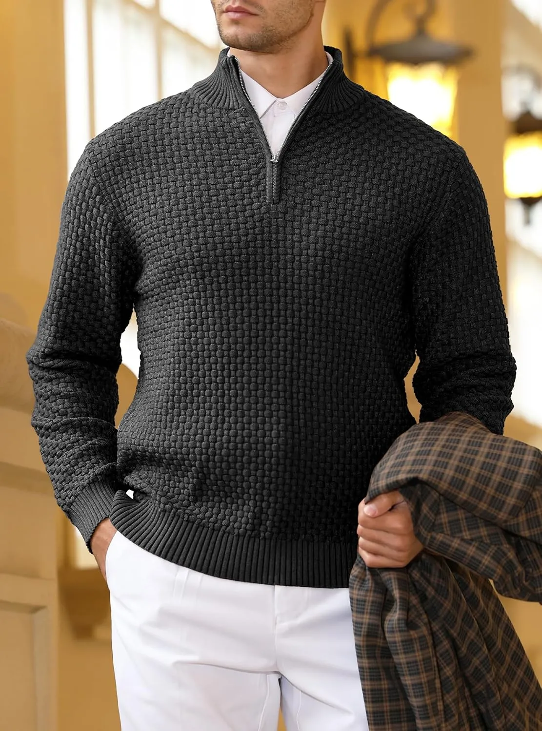 Zaitun Men's Quarter Zip Sweaters Polo Zip Up Pullover Waffle Knit Mock Neck Turtleneck