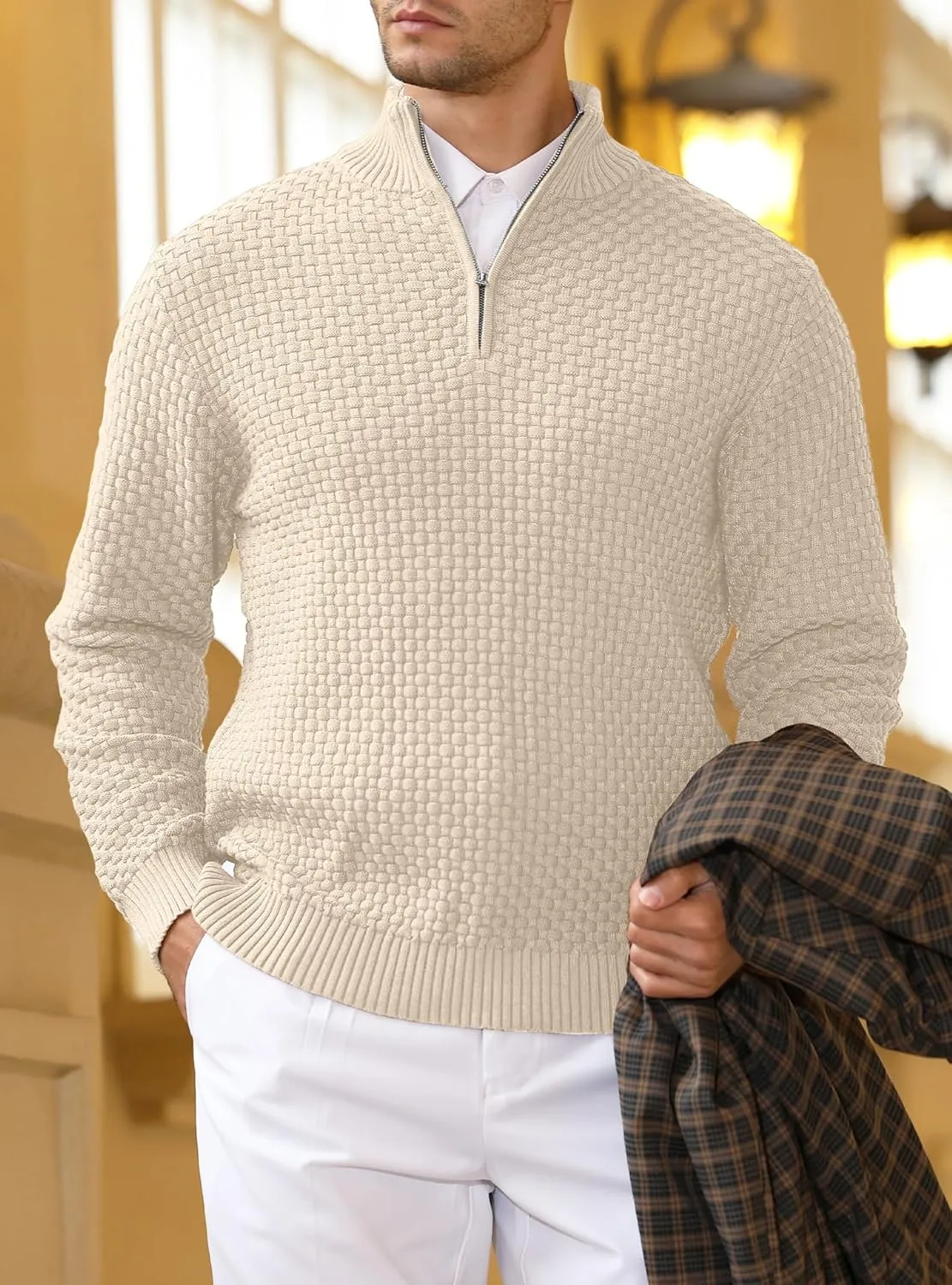 Zaitun Men's Quarter Zip Sweaters Polo Zip Up Pullover Waffle Knit Mock Neck Turtleneck