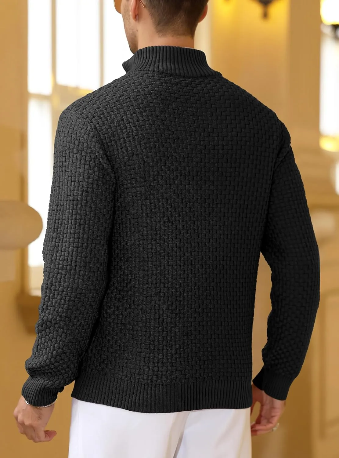 Zaitun Men's Quarter Zip Sweaters Polo Zip Up Pullover Waffle Knit Mock Neck Turtleneck