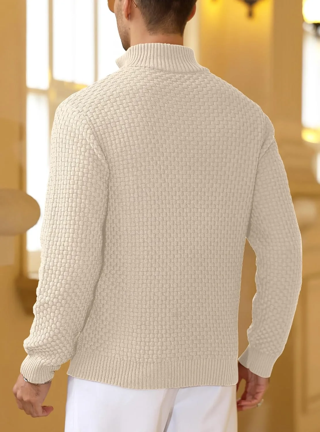 Zaitun Men's Quarter Zip Sweaters Polo Zip Up Pullover Waffle Knit Mock Neck Turtleneck